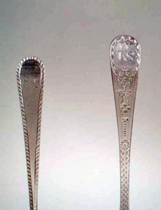 Theelepel handvatten, van links naar rechts: 1782, 1791
